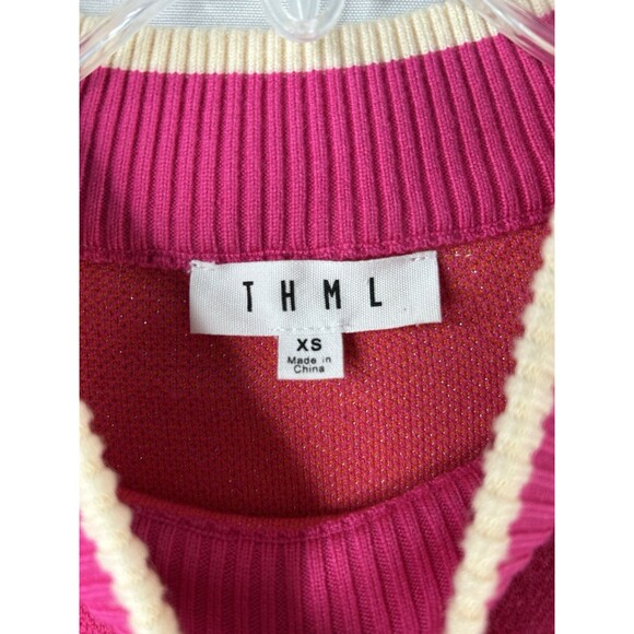 THML Women's Argyle Sweater Sz XS Pink Orange Vibrant Preppy Academia Diamond - Picture 7 of 8